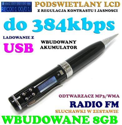 Dyktafon/Rejestrator Dźwięku Ukryty w Długopisie (poj. 8GB) + Radio + LCD + Słuchawki...