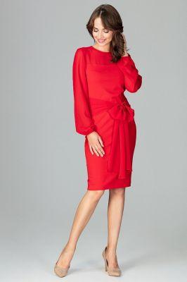 Ołówkowa sukienka z rękawami, dekoltem i karczkiem z przejrzystej tkaniny z wiązaną kokardą z przodu