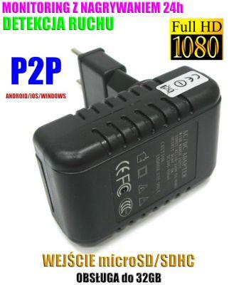Mikro-Kamera FHD WiFi/P2P (Zasięg Cały Świat!) Ukryta w Zasilaczu + Zapis itd.