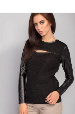 Ciepły sweter z eko-skórą MM2051 Black - Mira Mod